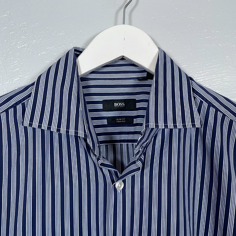 Hugo Boss Men 43 17 Navy Blue White Stripe Shirt Slim Fit Two Ply Spread Collar - Picture 4 of 10